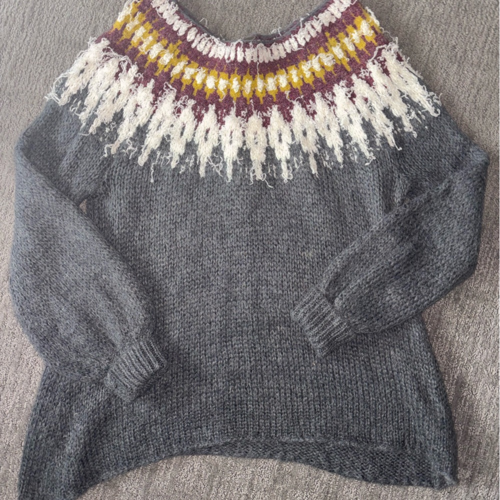 Free People Cozy Gray Sweater with Colorful Yoke